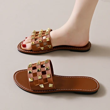 Обувки женски 2023 Нови отворени пръсти жени чехли лято нит плътен цвят прости джапанки плажни обувки Дамски ежедневни плоски чехли