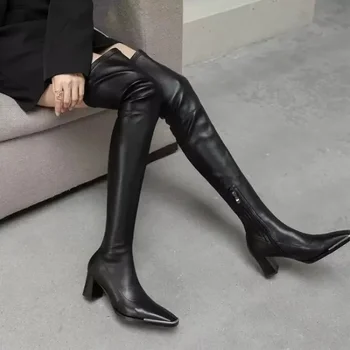 Обувки за жени 2023 Есен Зима Нова лачена кожа Дамски ботуши над коляното Секси заострени пръсти Черен дълъг ботуш Сапатос Муджер