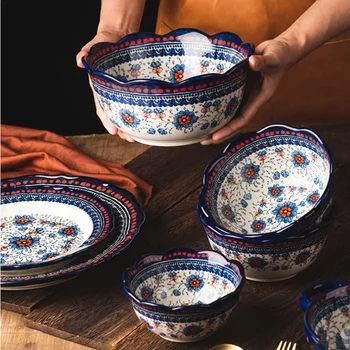 полски стил сини цветя керамична купа керамична тава за печене купа с дръжка сладък десерт купа кухня декорация прибори за хранене