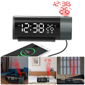 Прожекционен будилник Цифров часовников термометър с 180 ° въртящ се димер за яркост на проектора USB Out 5-60min Snooze 12/24H