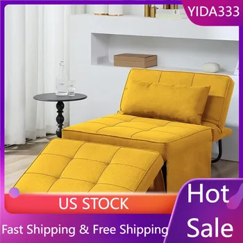 разтегателен диван, 4 в 1 многофункционален сгъваем османски дишащ лен диван легло с регулируема облегалка конвертируем стол жълт