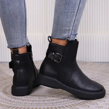 Ретро къси ботуши дамски ежедневни обувки с дебела подметка високи есенни и зимни нови дамски модни ботуши черни боти до глезена