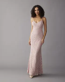 Розови шаферски рокли Елегантни V деколте русалка шаферка рокли прости без ръкави дантела сватбено парти рокля Vestidos Para