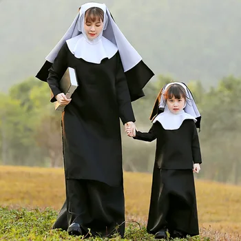 Хелоуин монахиня косплей костюми за жени Детски рокли Черен дълъг ръкав Макси хлабав макси халати мама и дъщеря съвпадение облекло