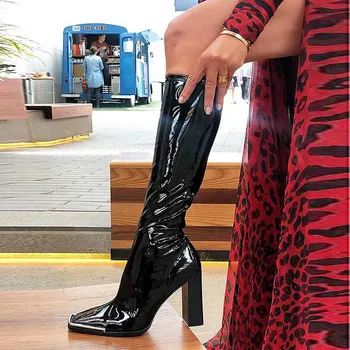 Черно лачена кожа коляното високи ботуши жени цип езда ботуши дами секси заострени пръсти парти високи токчета жени botines mujer