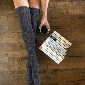 Чорапи за жени 2024 Дами Дълго коляно Lenth Топли чорапи Памучна дантела Плътен цвят Бедрото плетени чорапи