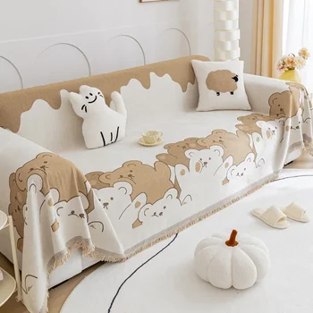 Шенилни кърпи за диван с пискюл, сладка мечка, универсално, одеяло против надраскване на котки, 4 сезона, 1, 2, 3, 4 места
