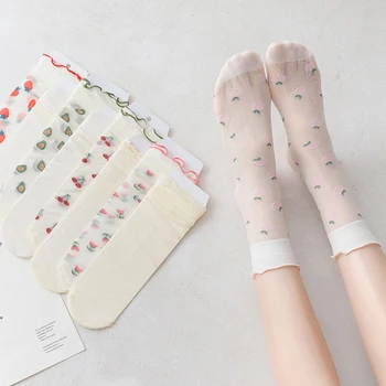 японски Harajuku лято ягода праскова дантела окото къдрава чорап жени карикатура плодове чорапи прозрачен ластик за момиче женски